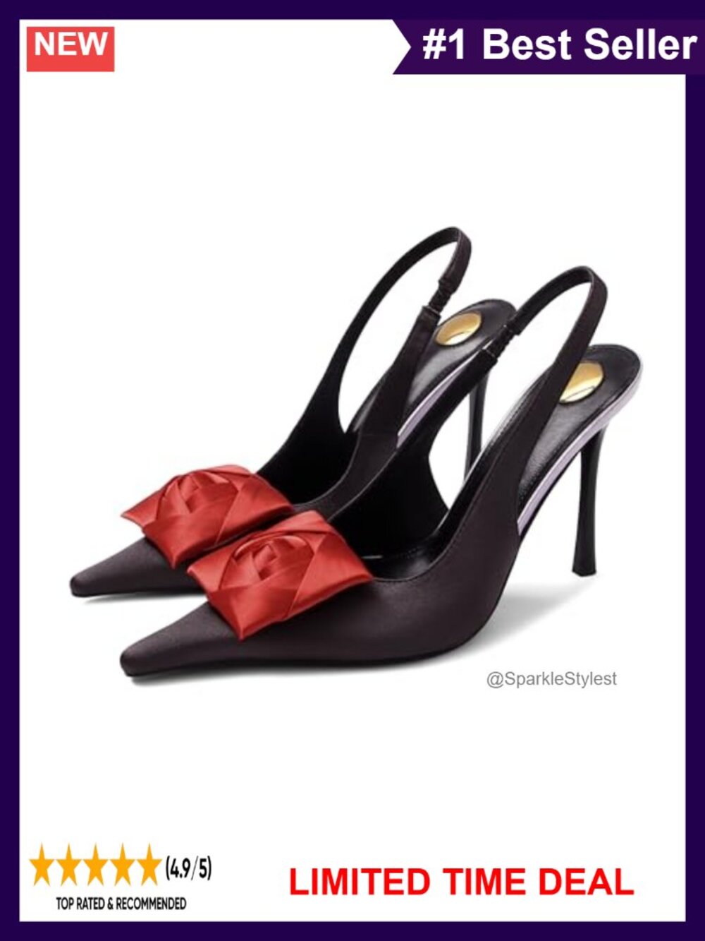 Satin Slingback Stiletto Heel Pointed Toe Flower Ankle Strap Party Pumps